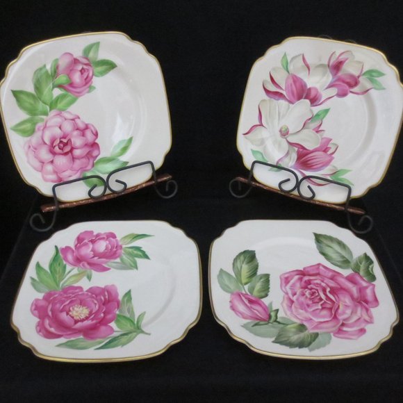 New Syracuse China 8" Floral Plates White Pinks Greens 1960s Vintage Set of 4 - Picture 1 of 16